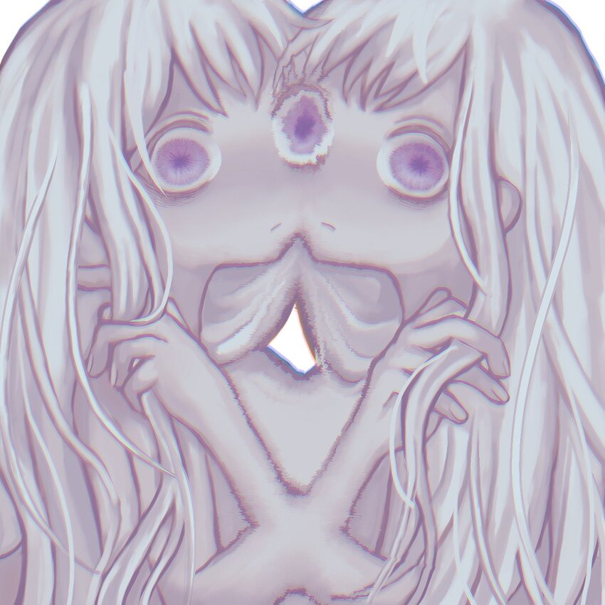 2girls chromatic_aberration closed_mouth commentary_request conjoined expressionless grey_hair hand_in_another&#039;s_hair hand_up highres long_hair multiple_girls no_nose original purple_eyes tsuribana_kakera upper_body