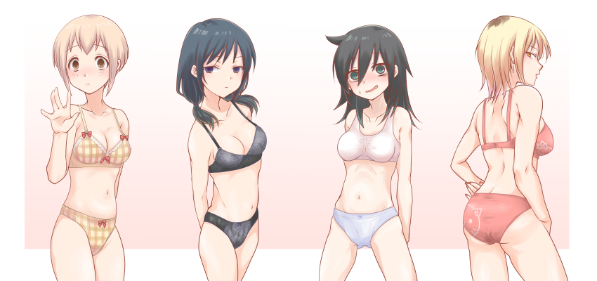 4girls absurdres arms_behind_back ass back bad_id bad_pixiv_id bags_under_eyes black_bra black_hair black_panties blonde_hair blush border bow bow_bra bow_panties bra breasts brown_eyes brown_hair character_print cleavage commentary_request cowboy_shot earrings embarrassed female_focus floral_print freckles from_behind green_eyes hair_between_eyes hand_on_own_hip hello_kitty hello_kitty_(character) highres hikaru_(ofuton_at5) jewelry kuroki_tomoko lineup long_hair looking_at_viewer looking_back low_twintails matching_underwear medium_breasts medium_hair multiple_girls nail_polish navel nervous_smile outside_border panties pink_background plaid_bra plaid_clothes plaid_panties print_bra print_panties purple_eyes red_bow red_bra red_nails red_panties sanrio smile standing stomach sweatdrop tamura_yuri tanaka_mako tank_top twintails underwear underwear_only watashi_ga_motenai_no_wa_dou_kangaetemo_omaera_ga_warui! waving wavy_mouth white_border yellow_bra yellow_panties yoshida_masaki