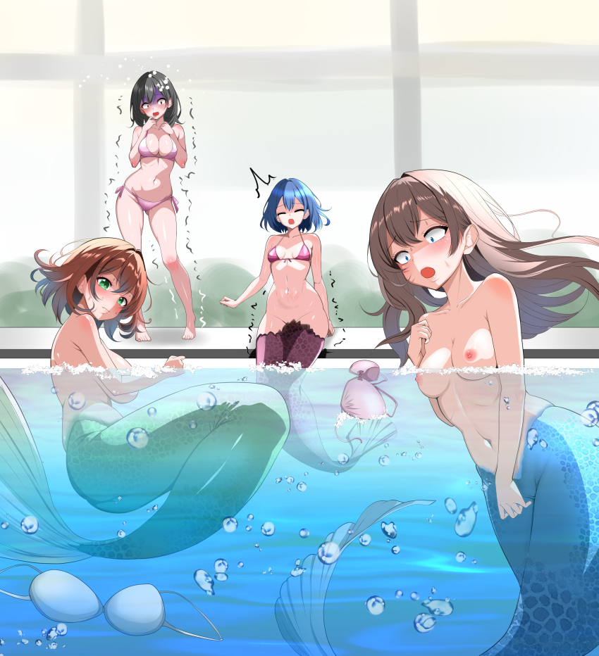 4girls absurdres air_bubble barefoot bikini black_hair blue_bikini blue_eyes blue_hair blue_tail blush breasts brown_hair bubble closed_mouth commentary_request completely_nude doriane_dojin green_eyes green_tail hair_intakes highres large_breasts medium_breasts mermaid monster_girl multiple_girls navel nipples nude open_mouth original partially_submerged pink_bikini pool purple_bikini scared standing stomach surprised swimming swimsuit thighs transformation trembling unworn_bikini unworn_bikini_top wide-eyed