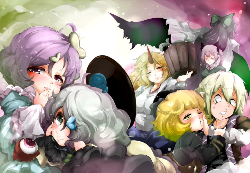 6+girls bad_id bad_pixiv_id blonde_hair blush bow breasts bucket cape dress closed_eyes facing_away frills green_eyes hair_bow hair_ornament hair_over_one_eye hand_to_own_mouth hat heart heart-shaped_pupils horns hoshiguma_yuugi ironblood kaenbyou_rin kiss kisume komeiji_koishi komeiji_satori kurodani_yamame large_breasts looking_at_viewer mizuhashi_parsee multiple_girls one_eye_closed oni purple_eyes purple_hair reiuji_utsuho shirt single_horn subterranean_animism symbol-shaped_pupils takato_kurosuke touhou wings wink