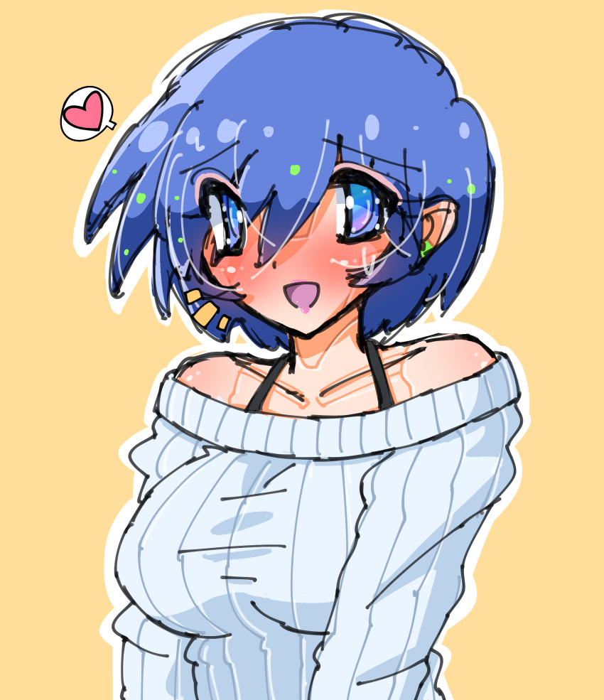 1girl absurdres aoba_(aunana) black_bra blue_eyes blue_hair blush bra breasts cyborg heart highres joints large_breasts miyuki_mama robot_joints smile sweater underwear white_sweater