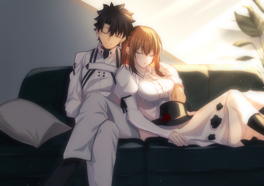 1boy 1girl arm_over_shoulder black_hair black_hat brown_hair charlotte_corday_(fate) closed_eyes couch crossed_legs dress fate/grand_order fate_(series) fujimaru_ritsuka_(male) fujimaru_ritsuka_(male)_(decisive_battle_chaldea_uniform) hat highres on_couch sitting sleeping toomishou unworn_hat unworn_headwear white_dress