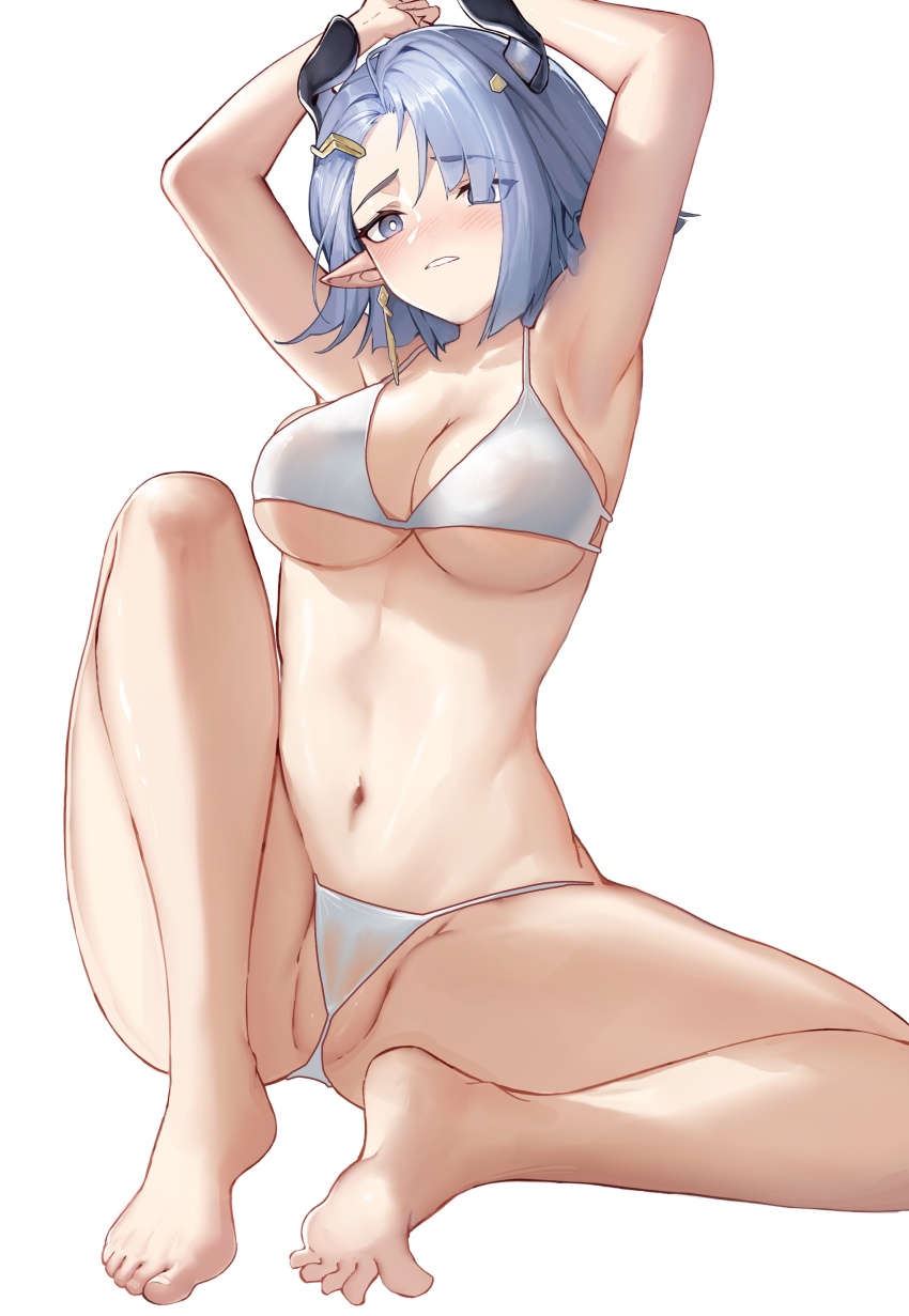 1girl absurdres arknights armpits arms_up bare_shoulders barefoot blue_hair bra breasts bright_pupils cameltoe choppy_bangs cleavage clementia_(arknights) collarbone earrings eyelashes feet grey_eyes grey_hair hair_ornament hair_over_one_eye highres jewelry knee_up large_breasts legs looking_at_viewer midriff navel panties parted_lips pointy_ears pussy short_hair sidelighting simple_background sitting soles solo spread_legs spread_toes toenails toes underboob underwear ushio_(user_uwpm8532) white_background white_bra white_panties white_pupils