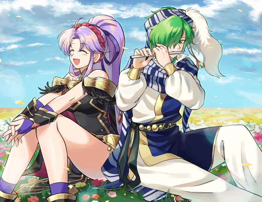 1boy 1girl absurdres back-to-back betabetamaru black_dress closed_eyes dress fire_emblem fire_emblem:_genealogy_of_the_holy_war fire_emblem_heroes flute green_hair highres instrument lewyn_(fire_emblem) long_hair music nintendo open_mouth own_hands_together playing_instrument ponytail purple_hair sitting smile tailtiu_(fire_emblem) tailtiu_(resplendent)_(fire_emblem)