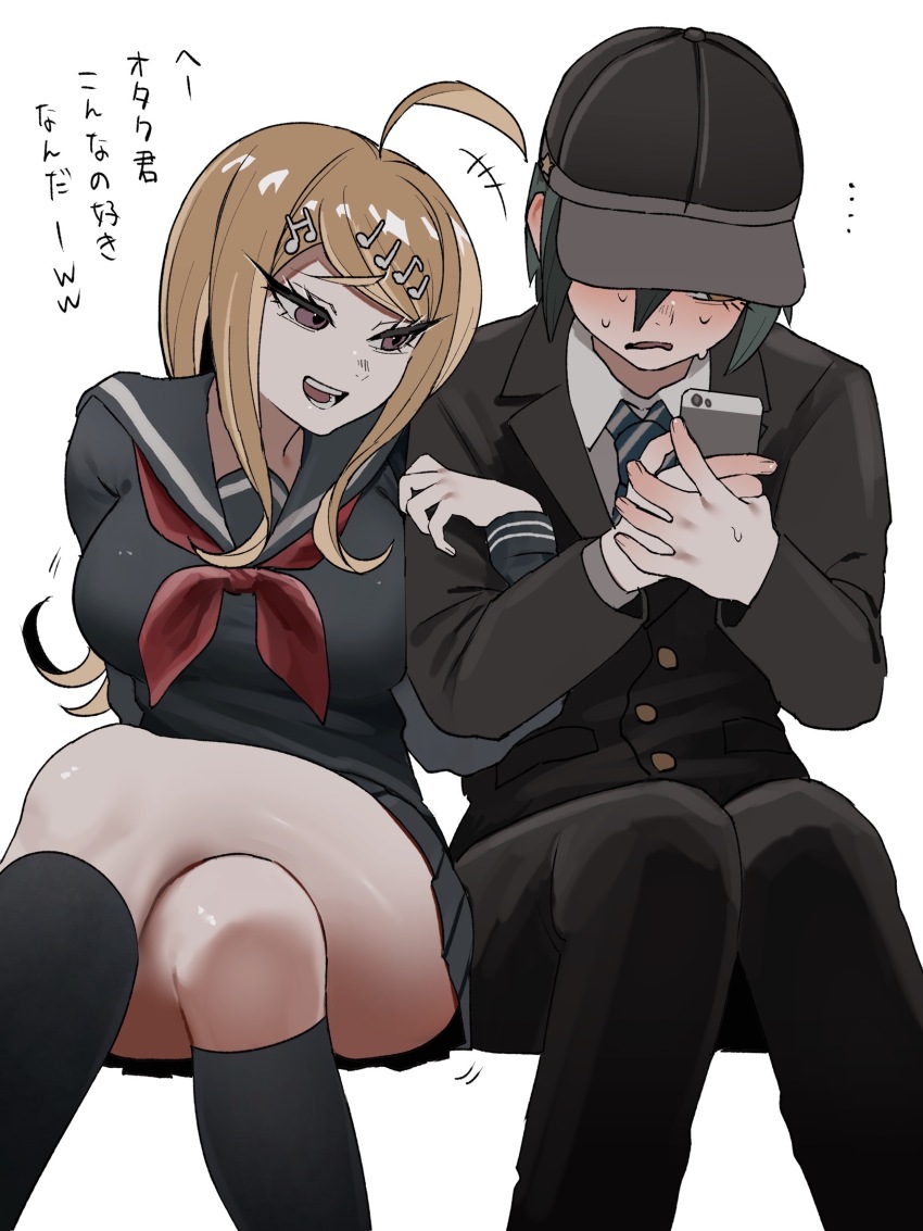 1boy 1girl ahoge akamatsu_kaede black_hair black_hat black_jacket blonde_hair blush breasts brown_eyes buttons collared_shirt commentary crossed_legs danganronpa_(series) danganronpa_v3:_killing_harmony eyelashes flustered fortissimo ha_(user_efmy3542) hair_between_eyes hair_ornament hat highres holding holding_phone invisible_chair jacket kneehighs large_breasts locked_arms long_hair long_sleeves musical_note musical_note_hair_ornament open_mouth pants phone pleated_skirt purple_eyes saihara_shuichi school_uniform shiny_skin shirt short_hair shy simple_background sitting skirt smile socks sweat thighs translation_request white_shirt