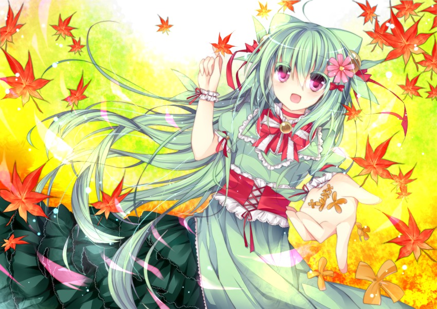 1girl blush bow creatures_(company) dress female_focus flower frills game_freak gen_3_pokemon green_hair hair_flower hair_ornament holding homare leaf long_hair looking_at_viewer maple_leaf nintendo personification pink_eyes pokemon puffy_sleeves reaching reaching_towards_viewer ribbon sceptile sidelocks solo wristband