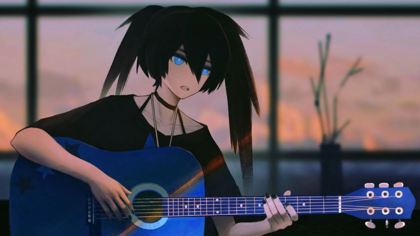 1girl black_hair black_nails black_rock_shooter black_rock_shooter_(character) black_shirt blue_eyes blurry blurry_background choker collarbone hair_between_eyes highres holding holding_instrument instrument long_hair ly_(pixiv13839236) nail_polish open_mouth shirt short_sleeves solo twintails upper_body