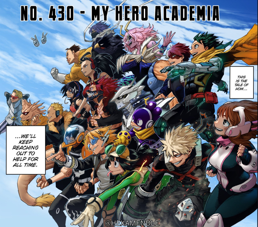 6+boys 6+girls aged_up aoyama_yuuga armor ashido_mina asui_tsuyu bakugou_katsuki bald belt bird birds black_hair blonde_hair bodysuit boku_no_hero_academia breasts brown_eyes brown_hair cape cleavage colored_skin colorized dimples eye_mask frog_girl green_eyes green_hair hagakure_tooru headset helmet heterochromia hexamendle highres horikoshi_kouhei horns iida_tenya invisible jirou_kyouka kaminari_denki kirishima_eijirou knee_pads kouda_kouji large_breasts long_hair mask medium_hair midoriya_izuku mineta_minoru monster_boy monster_girl multicolored_hair multiple_boys multiple_girls navel no_nose ojiro_mashirao pink_hair pink_skin ponytail red_eyes red_hair satou_rikidou sero_hanta shinsou_hitoshi shirt short_hair shouji_mezou sleeveless sleeveless_shirt smile sunglasses superhero_costume tail todoroki_shouto tokoyami_fumikage uraraka_ochako white_hair yaoyorozu_momo