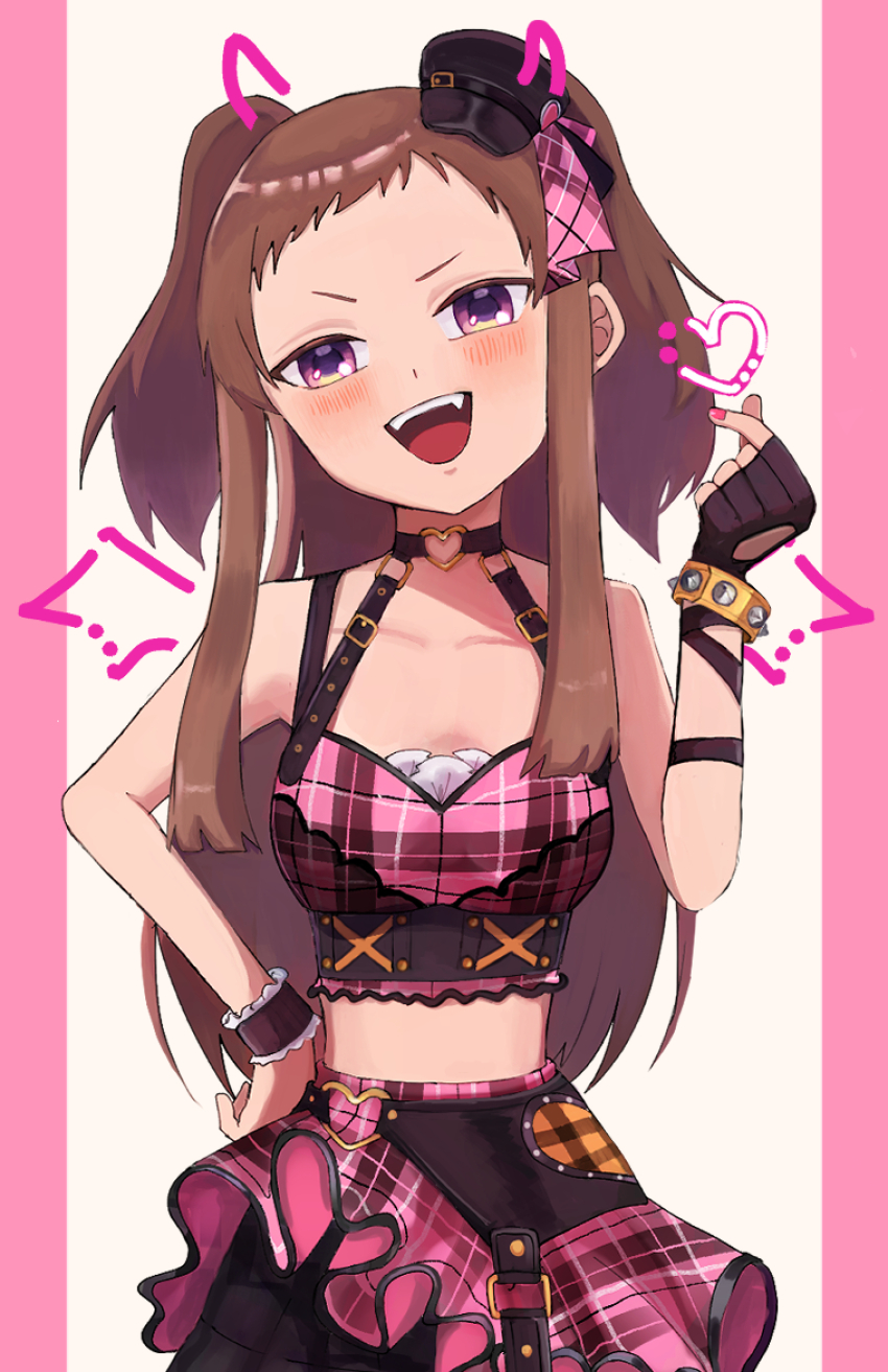 1girl armpits artist_request bare_shoulders black_gloves bracelet breasts brown_hair choker cleavage clenched_hands collarbone crop_top crossed_fingers drawn_horns eyelashes facing_viewer fang female_focus fingerless_gloves fingernails forehead gloves halterneck hand_on_own_hip hand_up hat head_tilt heart highres idol idolmaster idolmaster_cinderella_girls jewelry koseki_reina light_blush long_hair looking_at_viewer midriff namco neck o-ring o-ring_top official_alternate_hairstyle open_mouth pink_shirt pink_skirt purple_eyes shirt short_bangs showgirl_skirt sidelocks skirt small_breasts smug spiked_bracelet spikes twintails two-tone_background v-shaped_eyebrows wristband