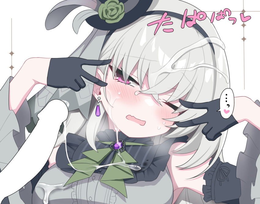 1girl bare_shoulders black_gloves blue_archive blush breasts censored cum cum_on_body cum_on_breasts cum_on_clothes cum_on_hair cum_on_upper_body detached_sleeves double_v earrings facial flower frills gloves green_flower green_rose grey_hair halo hands_up hat hetero idol idol_clothes jewelry large_breasts long_hair long_sleeves looking_at_viewer mini_hat mini_top_hat nun official_alternate_costume one_eye_closed open_mouth penis purple_eyes rose sakurako_(blue_archive) sakurako_(idol)_(blue_archive) shirt simple_background sleeveless solo_focus tatsuya_(trypaint) top_hat upper_body v white_background