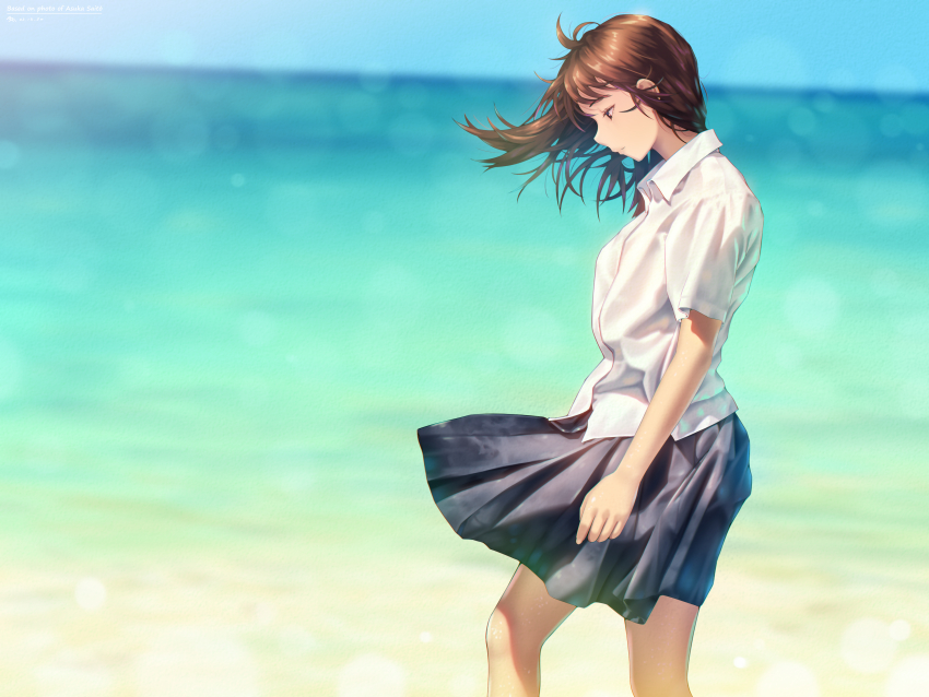 1girl a.x. absurdres beach blue_skirt blurry blurry_background brown_eyes brown_hair collared_shirt day highres long_hair ocean original outdoors school_uniform shirt skirt solo white_shirt