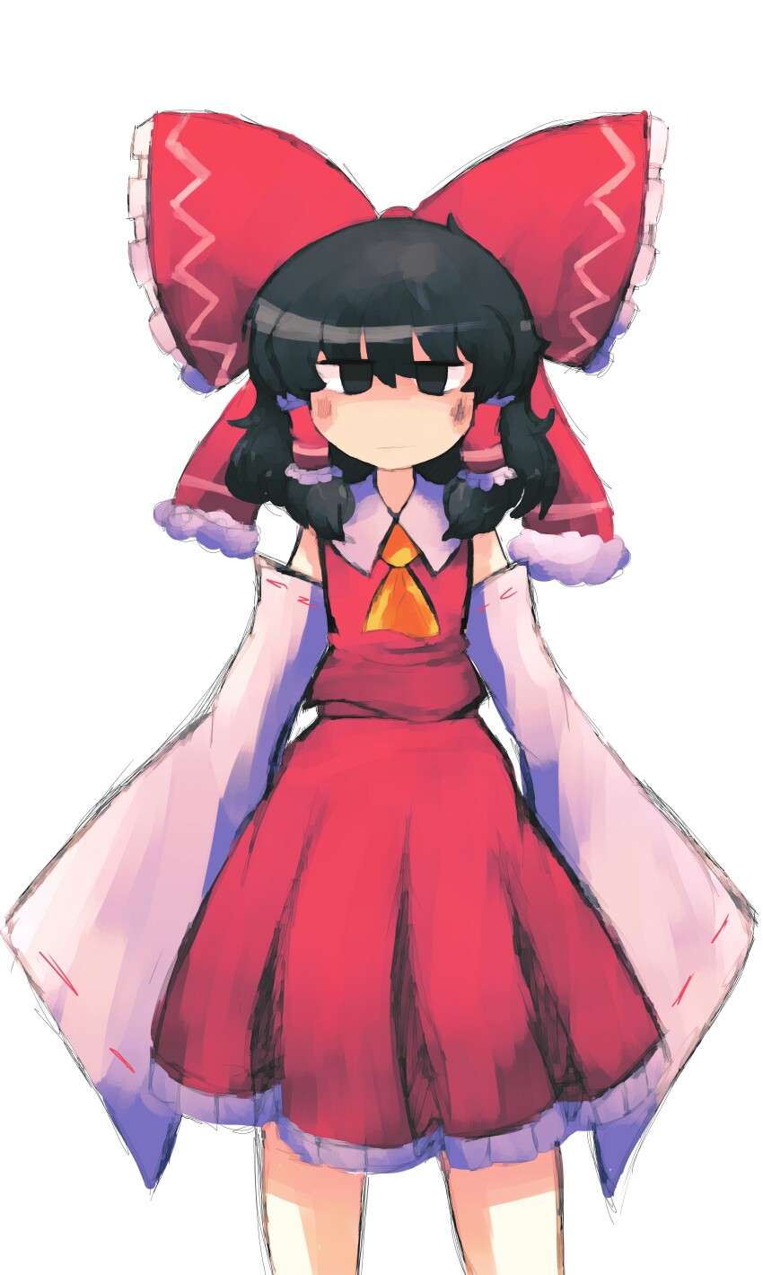 1girl absurdres alternate_color ascot bad_id bad_twitter_id black_eyes black_hair bow collared_shirt commentary cowboy_shot detached_sleeves english_commentary english_text frilled_bow frilled_hair_tubes frilled_skirt frills hair_bow hair_tubes hakurei_reimu highres iesonatana jitome long_sleeves looking_at_viewer medium_hair pleated_skirt red_bow red_shirt red_skirt ribbon-trimmed_sleeves ribbon_trim shirt simple_background skirt skirt_set sleeveless sleeveless_shirt sleeves_past_fingers sleeves_past_wrists solo standing straight-on touhou white_background white_sleeves wide_sleeves yellow_ascot