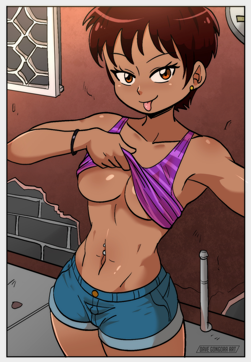 1girl blue_shorts blush bracelet breasts brown_eyes brown_hair clothes_lift collarbone dakunart dark_skin denim denim_shorts earrings highres jewelry looking_at_viewer medium_breasts navel navel_piercing piercing purple_shirt shirt shirt_lift short_hair shorts smile standing tank_top tomboy tongue tongue_out xiomara_(dakunart)