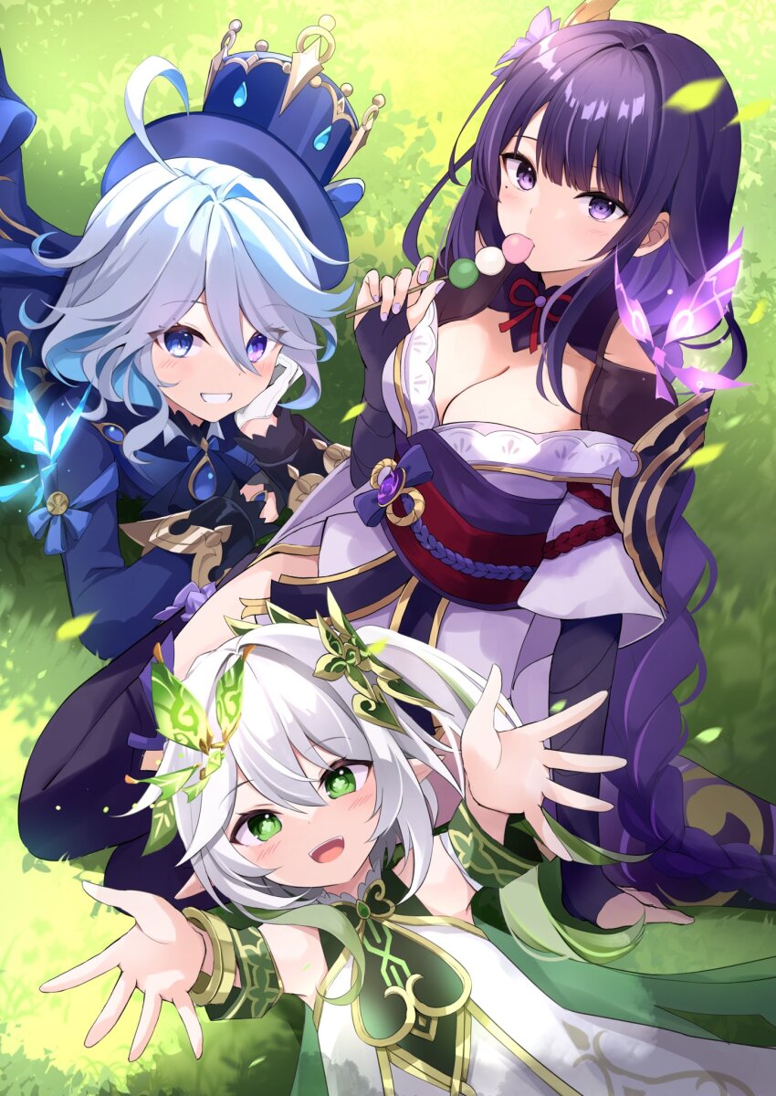 3girls :d ahoge ascot asymmetrical_gloves bare_shoulders black_gloves blue_ascot blue_eyes blue_gemstone blue_hair blue_hat blush braid breasts bridal_gauntlets commentary_request crystalfly_(genshin_impact) dango day detached_sleeves dress falling_leaves fingernails food furina_(genshin_impact) gem genshin_impact gloves gradient_hair green_eyes green_hair green_sleeves hair_between_eyes hair_ornament hat heterochromia highres holding holding_food hyurasan japanese_clothes kimono ouji_fashion lead_pipe leaf light_blue_hair lolita_fashion long_hair looking_at_viewer lying medium_breasts mismatched_gloves mole mole_under_eye multicolored_eyes multicolored_hair multiple_girls nahida_(genshin_impact) nail_polish obi on_back on_grass on_stomach open_mouth outdoors outstretched_arms pink_nails pointy_ears purple_eyes purple_hair purple_kimono raiden_shogun red_sash sanshoku_dango sash side_ponytail sitting sleeveless sleeveless_dress smile streaked_hair symbol-shaped_pupils teeth upper_teeth_only very_long_hair vision_(genshin_impact) wagashi white_dress white_gloves white_hair