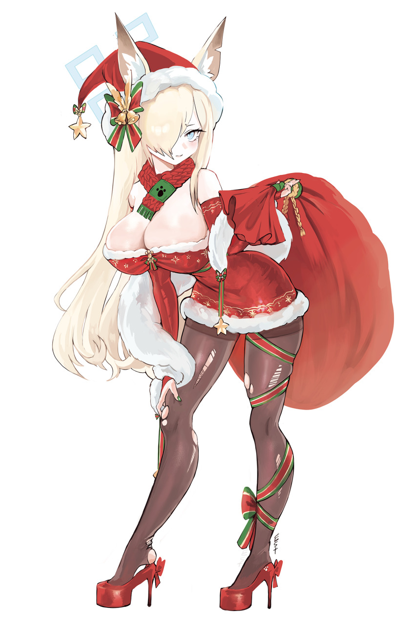 animal_ear_fluff animal_ears blonde_hair blue_archive blue_eyes christmas dog_ears dog_girl estelle8js hair_over_one_eye halo hat high_heels highres kanna_(blue_archive) notched_ear santa_costume santa_hat scarf