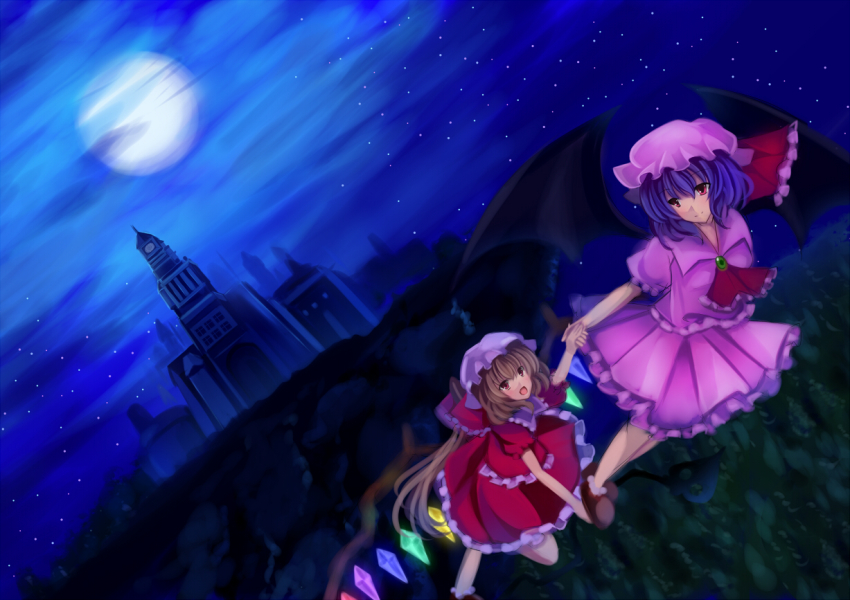 2girls bad_id bad_pixiv_id female_focus flandre_scarlet flying lio moon multiple_girls night remilia_scarlet siblings sisters star_(symbol) touhou