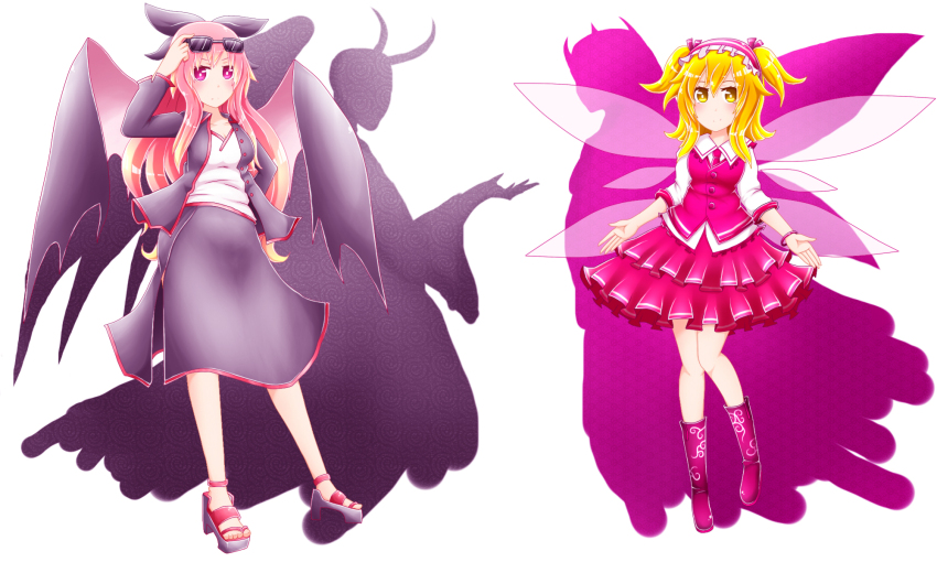 2girls andani black_wings blonde_hair blonde_makai_resident_(touhou) boots bow breasts fairy_wings hair_bow hair_ornament high_heels highres long_hair long_sleeves multiple_girls mystic_square pink-haired_makai_resident_(touhou) pink_hair purple_eyes shadow shirt short_hair skirt smile sunglasses touhou touhou_(pc-98) vest white_background wings yellow_eyes