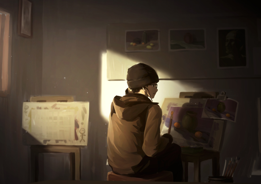 1boy art_brush beanie black_hair dark easel from_behind glasses hat highres hood hoodie indoors light_particles male_focus open_mouth original paint paintbrush painting_(action) painting_(object) short_hair sitting solo stool sunlight tanto_(tc1995) tc1995 window