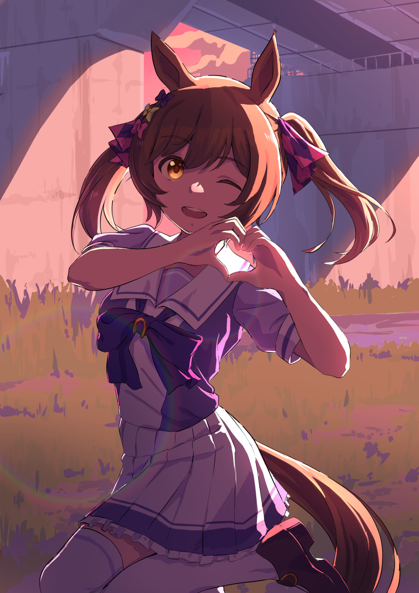 1girl absurdres animal_ears bow bowtie brown_footwear brown_hair esubui hands_up heart heart_hands highres horse_ears horse_girl horse_tail medium_hair one_eye_closed open_mouth orange_eyes outdoors purple_bow purple_bowtie purple_shirt sailor school_uniform shirt shoes short_sleeves skirt smart_falcon_(umamusume) smile solo standing standing_on_one_leg sunset tail thighhighs tracen_school_uniform twintails umamusume white_skirt white_thighhighs