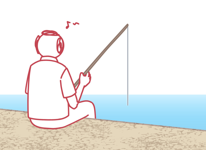 1boy blue_archive commentary_request doodle_sensei_(blue_archive) eighth_note fishing_line fishing_rod from_behind highres holding holding_fishing_rod horizon horuhara korean_commentary male_focus musical_note ocean pants sensei_(blue_archive) shirt short_sleeves simple_background sitting solo water white_background