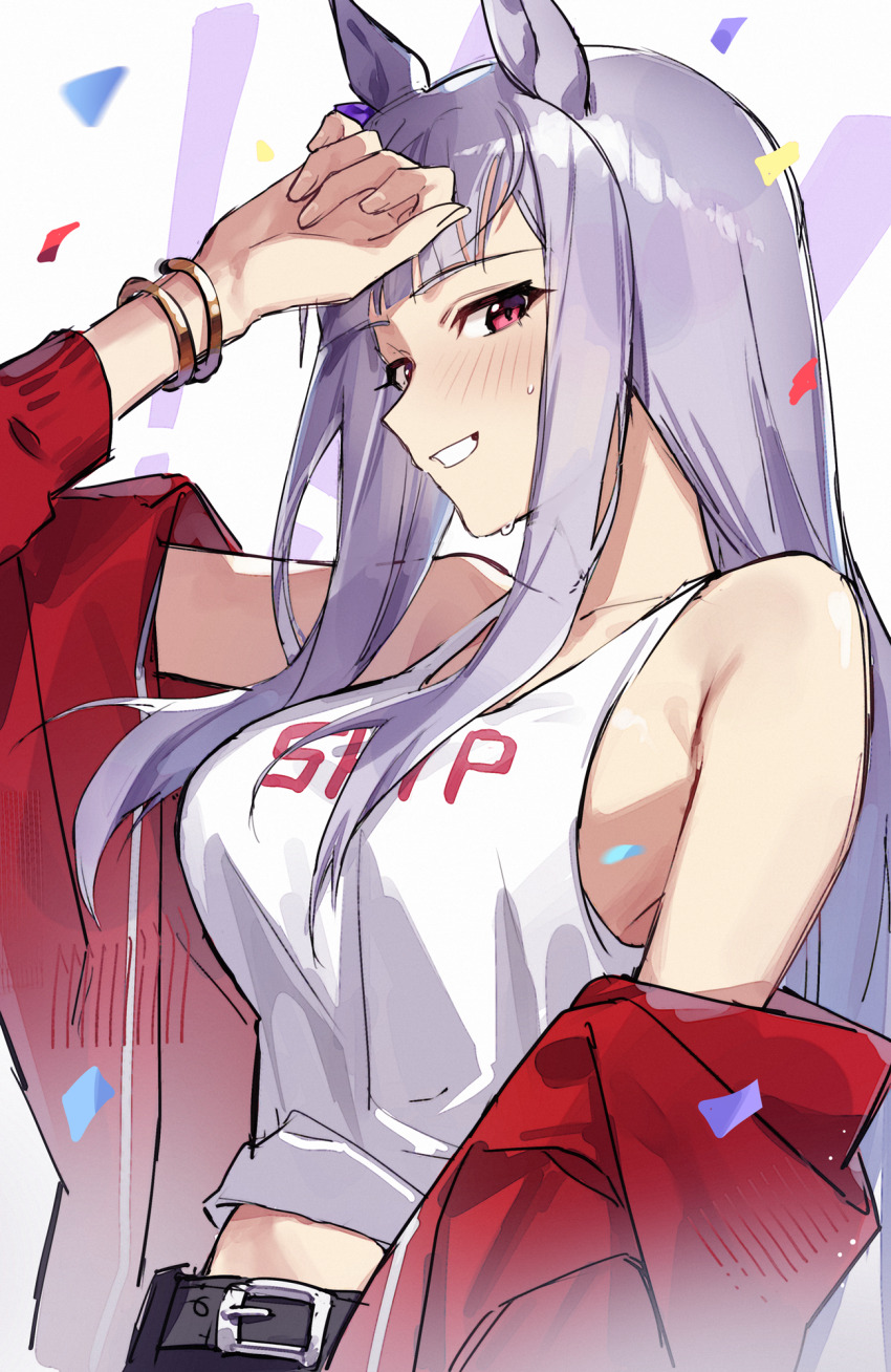 1girl animal_ears arm_up belt black_belt blush bracelet breasts commentary_request confetti gold_ship_(umamusume) grey_hair grin highres horse_ears horse_girl jacket jacket_partially_removed jenshenya jewelry long_hair medium_breasts midriff red_eyes red_jacket simple_background smile solo sweat tank_top umamusume upper_body white_background white_tank_top