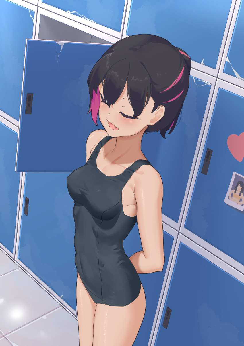 1girl :d absurdres arms_behind_back bare_arms bare_shoulders black_hair black_one-piece_swimsuit breasts closed_eyes collarbone commentary_request fang highres jilu locker locker_room multicolored_hair old_school_swimsuit one-piece_swimsuit open_mouth original pink_hair school_swimsuit small_breasts smile solo streaked_hair swimsuit tile_floor tiles two-tone_hair