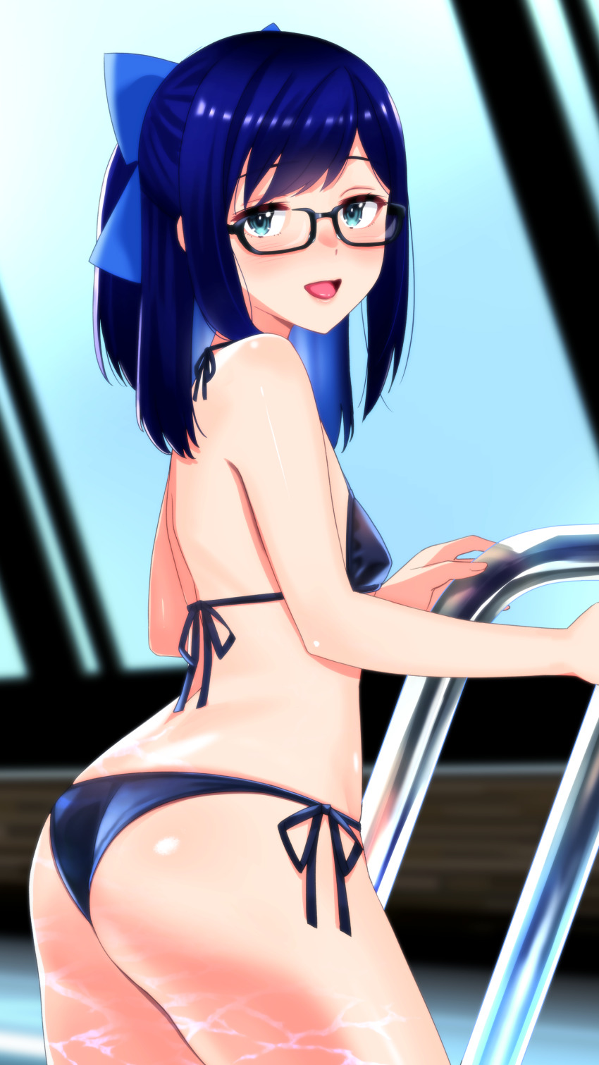 1girl :d a-chan_(hololive) absurdres alternate_costume aqua_eyes ass bikini black-framed_eyewear blue_bikini blue_bow blue_hair blush bow commentary_request glasses hair_bow halterneck highres hololive indoors looking_at_viewer median_furrow medium_hair open_mouth ponytail pool_ladder rei_no_pool side-tie_bikini_bottom smile solo swept_bangs swimsuit virtual_youtuber zabudog777