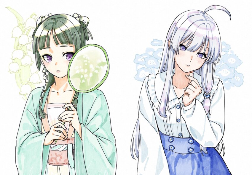 2girls ahoge beads belt blue_flower blue_skirt blunt_bangs blush buttons chinese_clothes collarbone collared_shirt elaina_(majo_no_tabitabi) eyebrows_hidden_by_hair flat_chest floral_background flower flower_button green_flower green_hair green_robe grey_hair hair_beads hair_flower hair_ornament hairstyle_request hanfu highres kusuriya_no_hitorigoto light_blush long_hair long_sleeves looking_at_hand looking_to_the_side majo_no_tabitabi maomao_(kusuriya_no_hitorigoto) marker_(medium) multiple_girls nigatsumikka portrait purple_eyes robe shirt sidelocks simple_background skirt traditional_media upper_body white_background