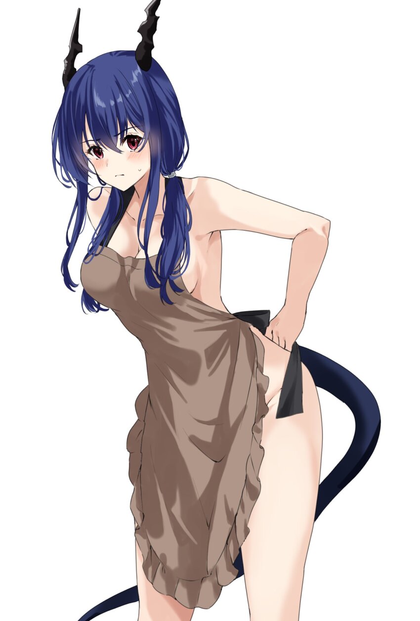 1girl alternate_costume apron arknights black_horns black_tail blue_hair blush breasts brown_apron ch&#039;en_(arknights) cleavage closed_mouth commentary_request cowboy_shot groin hair_between_eyes hair_tie highres horns leaning lily0428 long_hair looking_at_viewer naked_apron red_eyes simple_background solo standing sweatdrop tail white_background