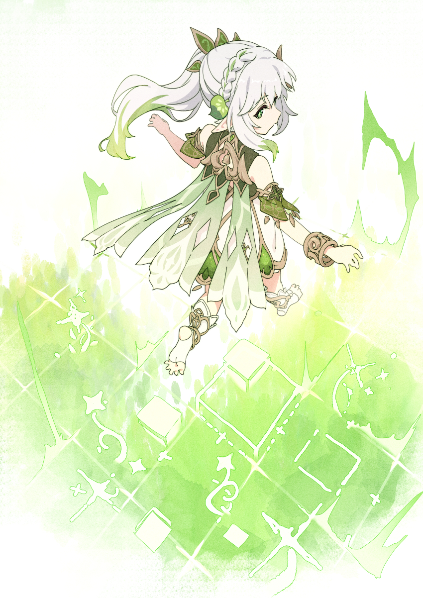 1girl absurdres armlet bare_shoulders cape detached_sleeves dress from_behind full_body genshin_impact gold_armlet green_cape green_eyes hair_ornament highres jewelry leaf_hair_ornament long_hair looking_at_viewer nahida_(genshin_impact) pointy_ears running shinashina side_ponytail simple_background solo star-shaped_pupils star_(symbol) stirrup_legwear symbol-shaped_pupils toeless_legwear white_background white_dress white_hair