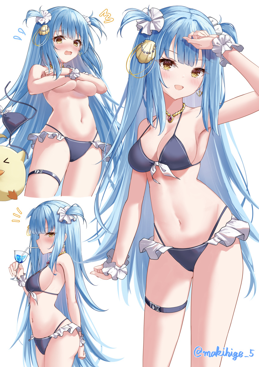 1girl absurdres anchor_earrings arm_behind_back artist_name assisted_exposure azur_lane bikini blue_bikini blue_hair breasts clam cleavage clenched_hand commentary_request covered_erect_nipples covering_breasts covering_privates crossed_arms cup drinking drinking_straw earrings embarrassed frilled_bikini frills from_side front-tie_bikini_top front-tie_top hand_on_own_forehead hand_up highleg highleg_bikini highres hip_focus holding holding_cup jewelry long_hair makihige manjuu_(azur_lane) medium_breasts multiple_views navel necklace neptune_(azur_lane) scrunchie shell_hair_ornament signature standing stomach surprised swimsuit thigh_strap thighs topless two_side_up underboob unworn_bikini_top very_long_hair white_background wrist_scrunchie yellow_eyes