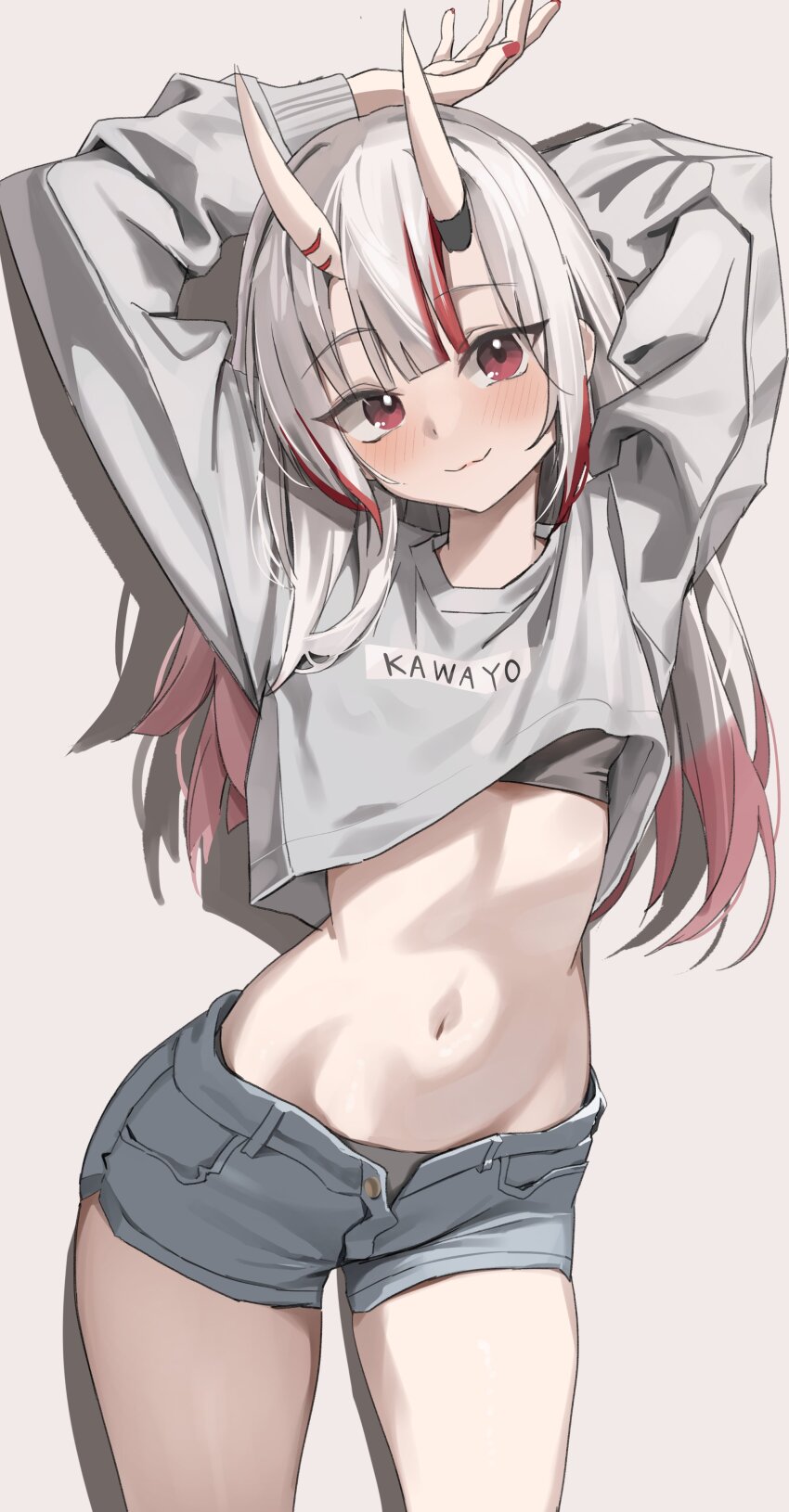 1girl absurdres blue_shorts blush breasts cropped_shirt denim denim_shorts gradient_hair grey_hair grey_shirt highres hololive horns long_hair long_sleeves looking_at_viewer midriff multicolored_hair nakiri_ayame navel oni open_fly red_eyes red_hair scarlet_(wv0102) shadow shirt short_shorts shorts skin-covered_horns small_breasts smile solo standing stomach streaked_hair thighs virtual_youtuber white_background white_hair