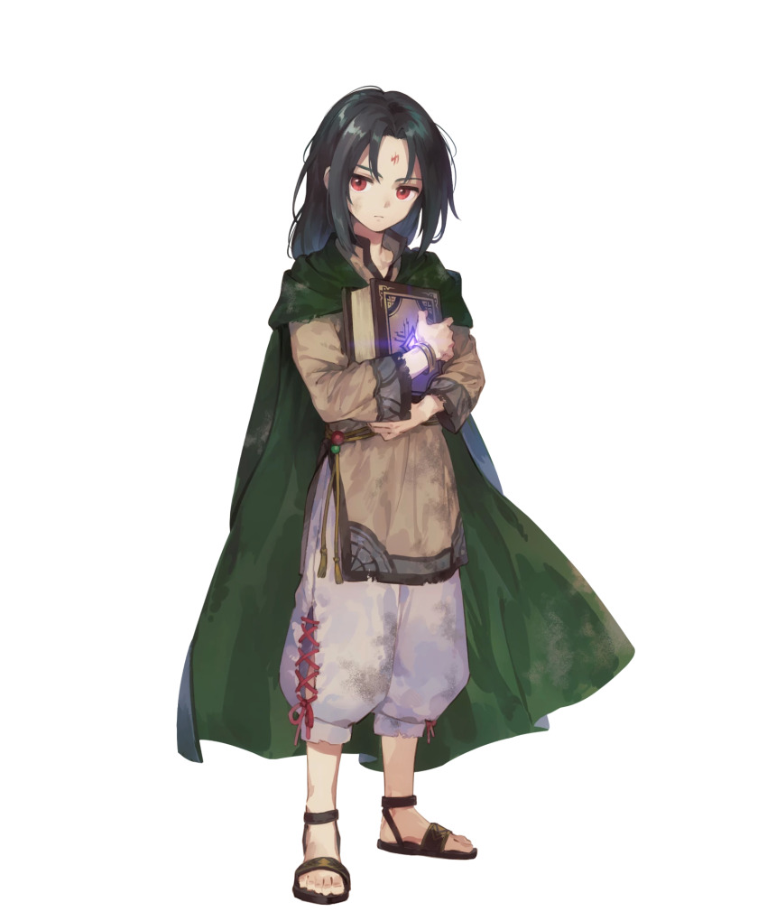 1boy black_hair book cape child closed_mouth dirty dirty_clothes facial_mark fire_emblem fire_emblem:_path_of_radiance fire_emblem_heroes forehead_mark gem glowing_gem green_cape highres holding holding_book long_hair male_focus nintendo non-web_source official_art pants parted_bangs purple_gemstone red_eyes sandals soren_(fire_emblem) soren_(hushed_voice)_(fire_emblem) suzuki_iori transparent_background white_pants