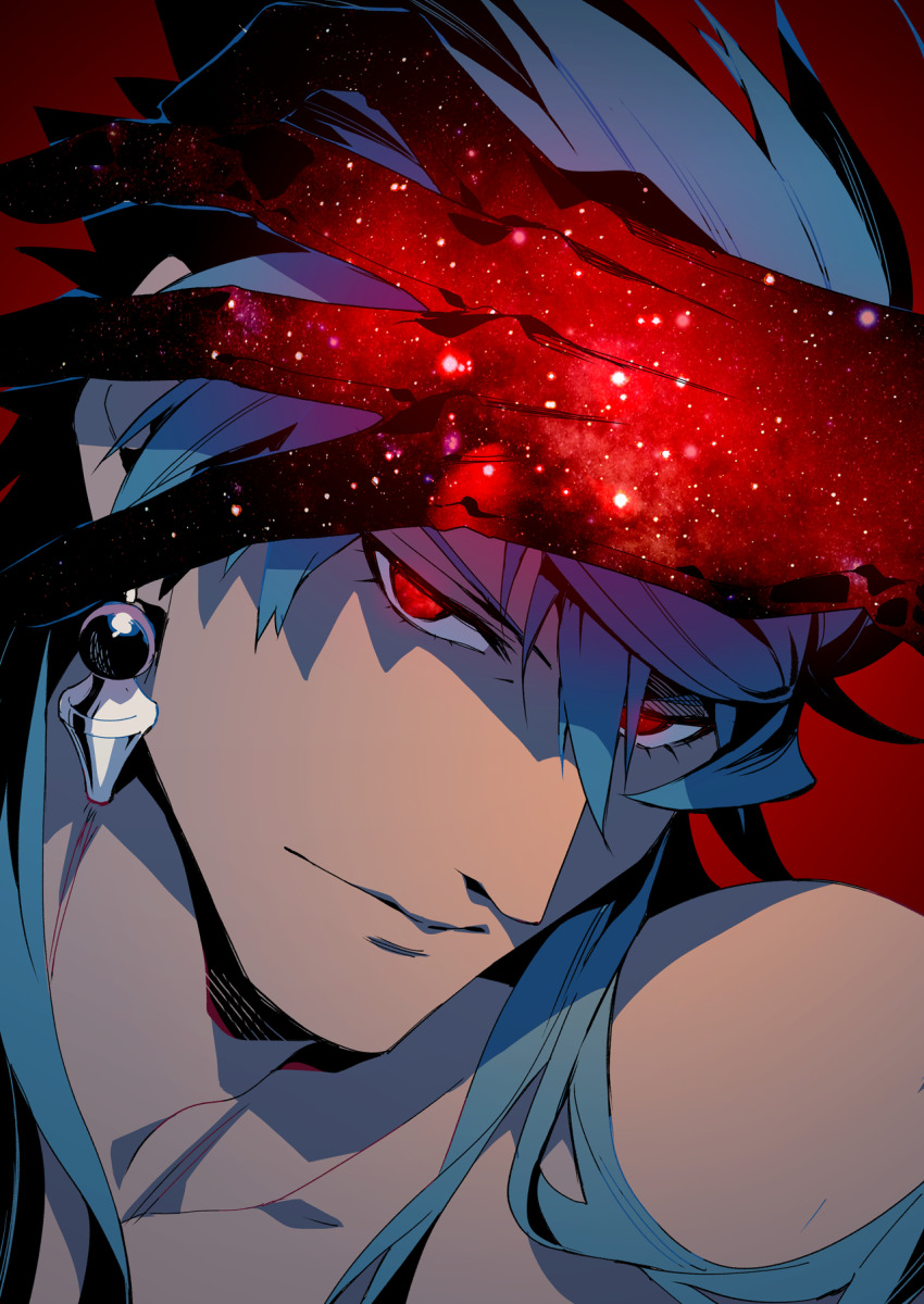 1boy bare_shoulders blue_hair close-up closed_mouth dark-skinned_male dark_blue_hair dark_skin earrings eye_focus fate/grand_order fate_(series) gloves glowing glowing_eyes hair_between_eyes highres jewelry koshiro_itsuki long_hair looking_at_viewer male_focus muscular red_background red_eyes romulus_quirinus_(fate) single_earring solo topless_male upper_body very_long_hair