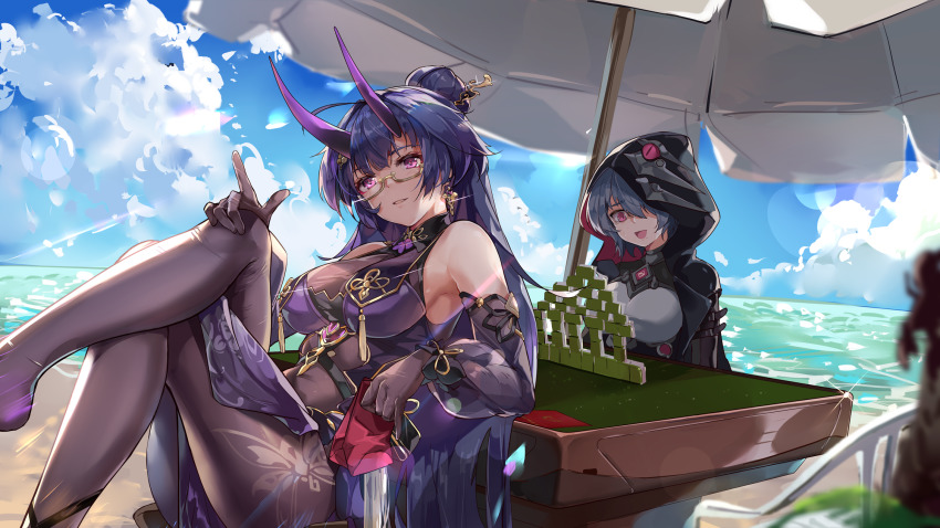 2girls bare_shoulders beach_umbrella black_hair blue_sky breasts chair china_dress chinese_clothes cloud cloudy_sky dress glasses hair_over_one_eye highres honkai_(series) honkai_impact_3rd horns looking_at_viewer mahjong mahjong_tile multiple_girls outdoors ponytail purple_dress purple_eyes purple_hair purple_sleeves raiden_mei raiden_mei_(herrscher_of_thunder) raven_(honkai_impact) short_hair sitting sky table umbrella zomzomzomsauce