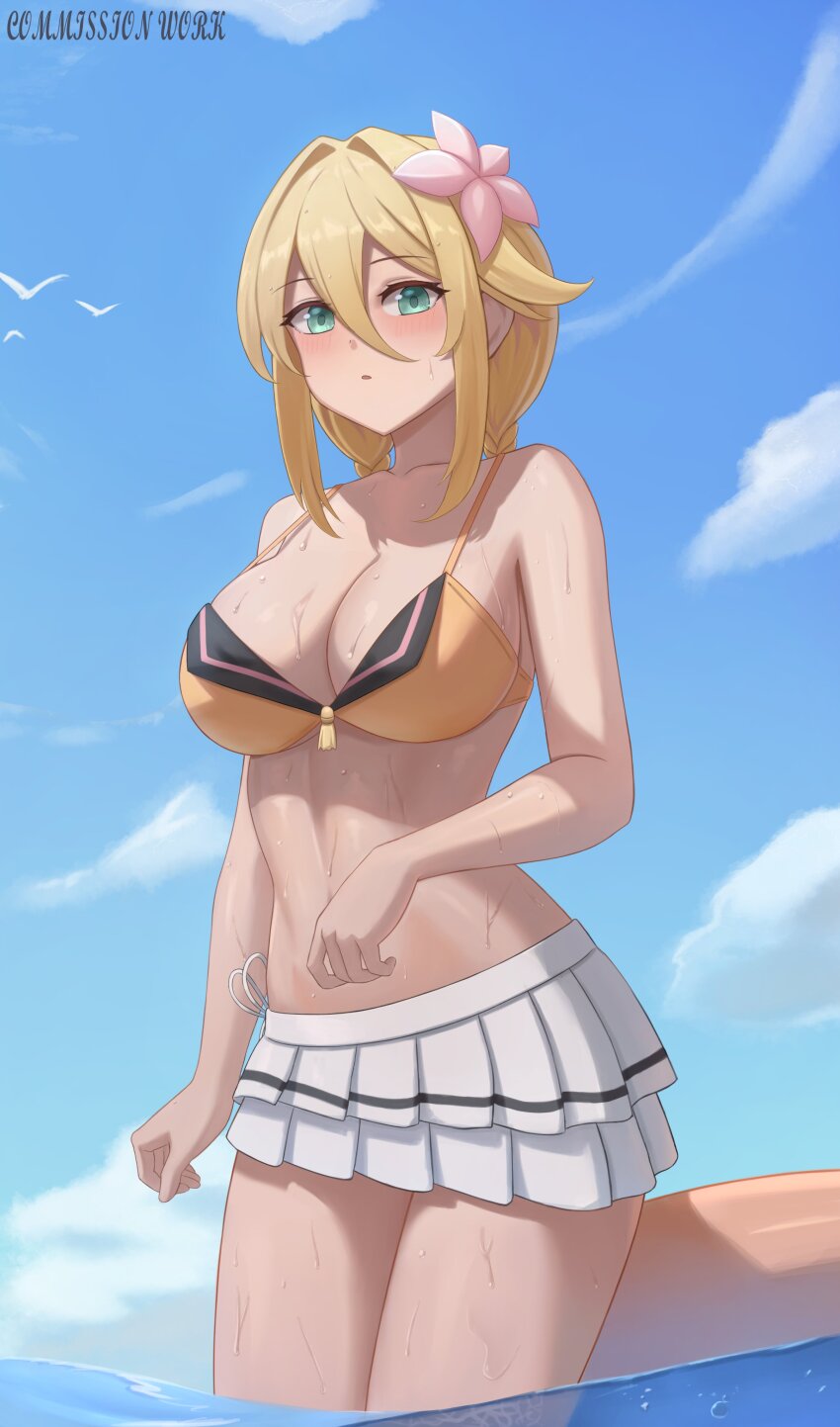 100_percent_orange_juice 1girl :o absurdres bikini bird blonde_hair blue_sky blush breasts green_eyes hair_ornament highres looking_at_viewer neipheus outdoors pleated_skirt seagull skirt sky solo sora_(orange_juice) swimsuit thick_thighs thighs water white_skirt