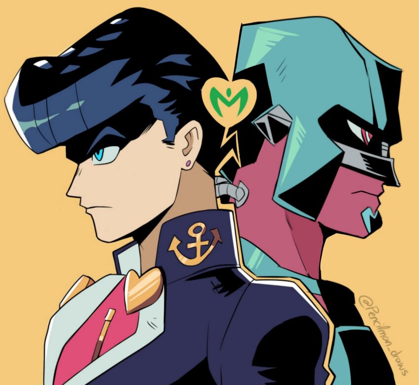 2boys anchor_symbol black_hair blue_eyes commentary crazy_diamond diamond_wa_kudakenai earrings frown gakuran heart higashikata_josuke highres jewelry jojo_no_kimyou_na_bouken male_focus multiple_boys pencilman_draws pompadour school_uniform serious shaded_face stand_(jojo) stud_earrings twitter_username yellow_background