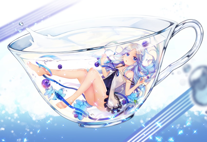 1girl :o absurdres bad_id bad_pixiv_id bare_arms bare_legs bare_shoulders barefoot blue_eyes blue_flower blue_hair blue_ribbon blush collarbone commentary_request cup dress female_focus fingernails flower forehead hands_up highres in_container in_cup looking_at_viewer mini_person minigirl orb original oversized_object parted_bangs parted_lips ribbon rijjin sleeveless sleeveless_dress solo strap_slip submerged teacup water white_dress