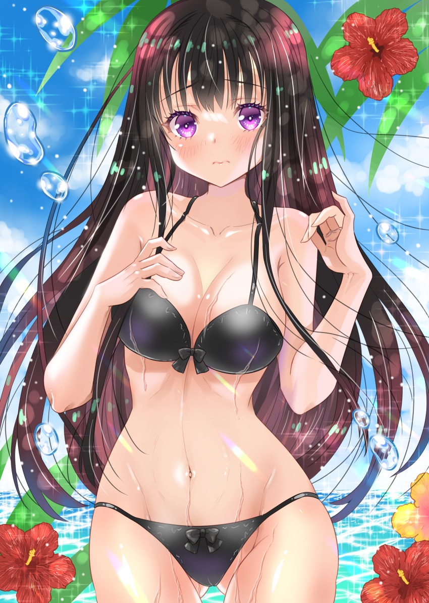 1girl bikini black_bikini black_hair blush breasts cleavage closed_mouth collarbone commentary_request cowboy_shot day flower gluteal_fold hibiscus highres horizon inoue_takina long_hair looking_at_viewer lycoris_recoil medium_breasts navel ocean outdoors purple_eyes solo sparkle standing stomach swimsuit thigh_gap uonuma_yuu very_long_hair water_drop wet