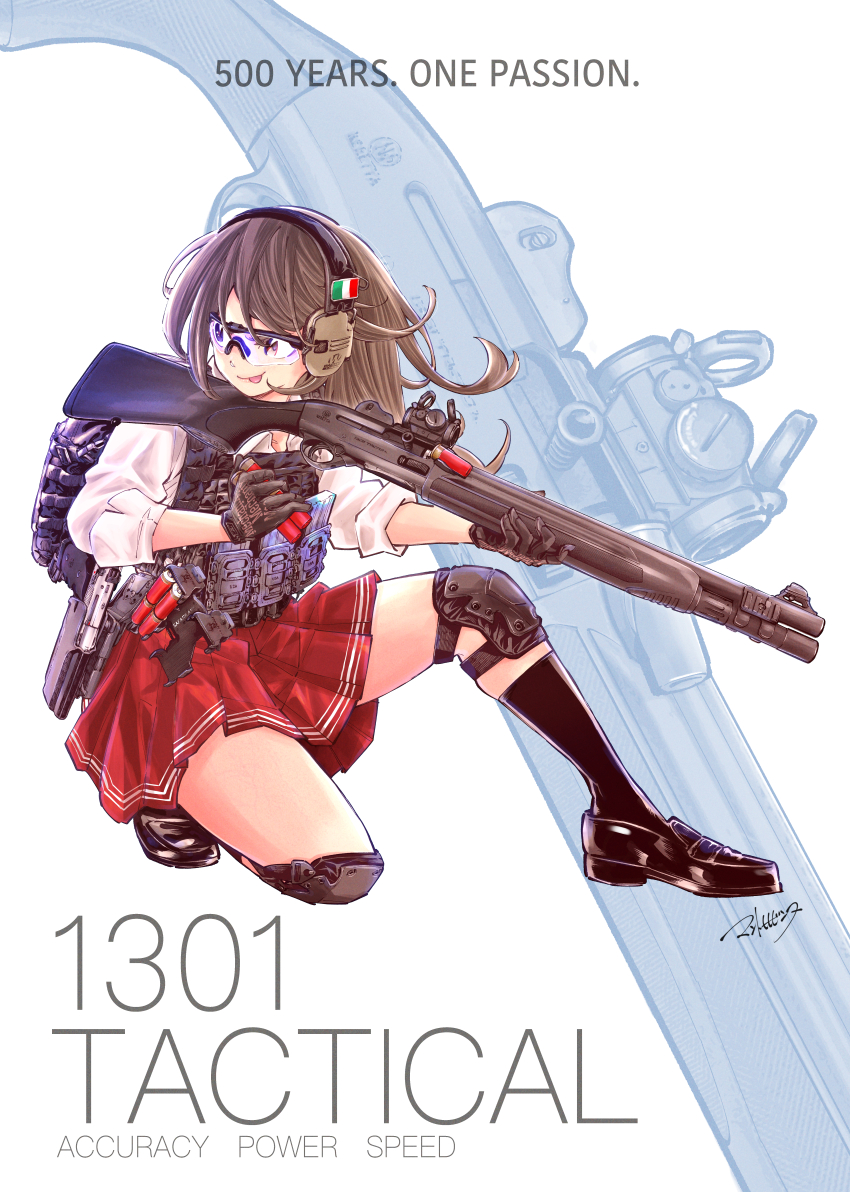 1girl absurdres backpack bag beretta_1301 beretta_92 black_shoes black_socks brown_hair bulletproof_vest collared_shirt ear_protection english_text full_body glasses gun handgun highres holding holding_gun holding_weapon holster italian_flag long_hair mantohihi_binta original pleated_skirt red_skirt reloading safety_glasses shirt shoes shotgun shotgun_shell skirt socks solo tongue tongue_out weapon white_shirt