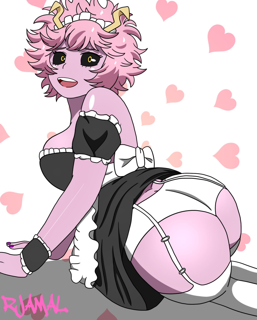 1girl absurdres alternate_costume arm_garter artist_name ashido_mina ass ass_focus bare_shoulders black_sclera boku_no_hero_academia bow bowtie breasts colored_sclera colored_skin enmaided female_focus fingernails garter_straps heart highres horns huge_ass large_breasts looking_at_viewer maid maid_headdress open_mouth panties pink_hair pink_skin purple_nails rjamal short_hair smile solo teeth thick_thighs thighhighs thighs tongue underwear upper_teeth_only white_bow white_bowtie white_panties white_thighhighs yellow_eyes