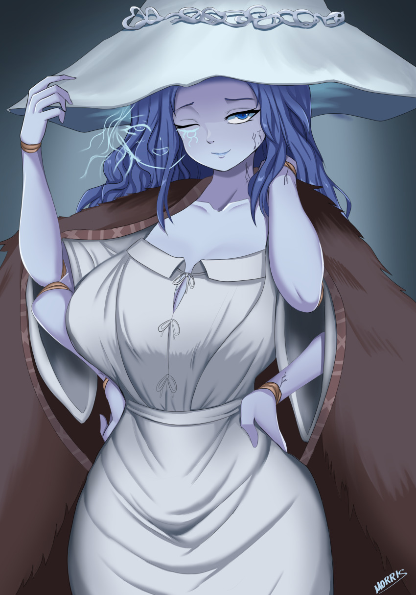 1girl absurdres blue_eyes blue_hair blue_skin breasts brown_cape cape collarbone colored_skin cracked_skin dress elden_ring extra_arms extra_faces hand_on_headwear hands_on_own_hips hat highres large_breasts long_hair looking_at_viewer morris1611 one_eye_closed ranni_the_witch solo white_dress white_hat witch_hat