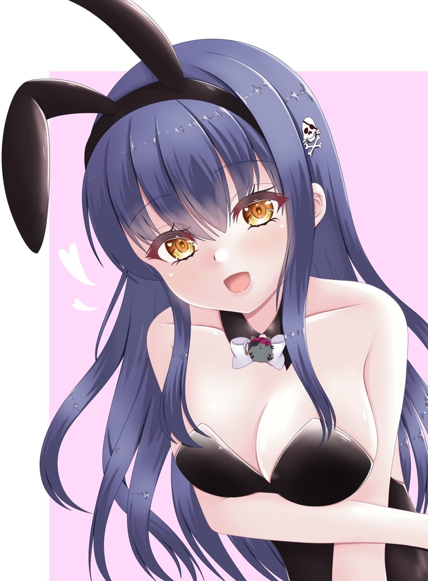 1girl :d aabi_uri alternate_costume animal_ears arm_under_breasts bare_shoulders black_hair blush bone_hair_ornament border bow bowtie breasts cleavage collarbone commentary detached_collar eyelashes eyes_visible_through_hair fake_animal_ears hair_between_eyes hair_ornament happy heart highres kushima_kamome large_breasts leaning_forward leotard lips long_hair looking_at_viewer open_mouth outside_border pink_background playboy_bunny rabbit_ears sidelocks simple_background skull_and_crossbones skull_hair_ornament smile solo straight_hair summer_pockets tsurime upper_body very_long_hair white_border white_bow white_bowtie yellow_eyes