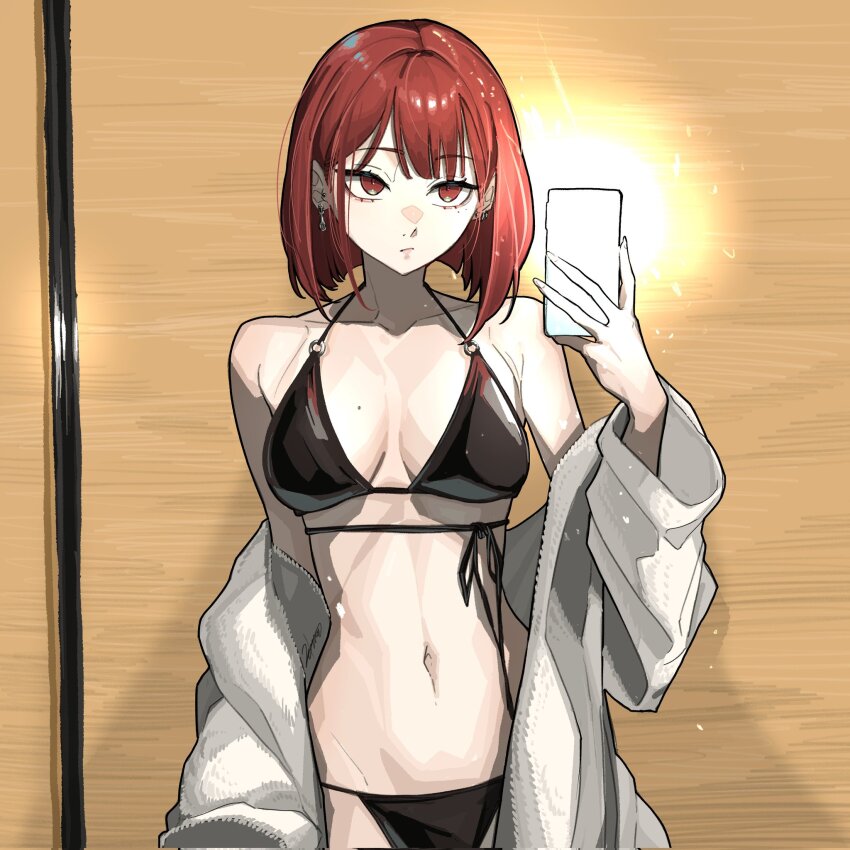 1girl bare_shoulders bathrobe black_bow bow breasts cellphone commentary_request earrings gwongiyeon67479 highres holding holding_phone jewelry medium_hair mole mole_on_breast navel off_shoulder original phone red_eyes red_hair selfie smartphone solo