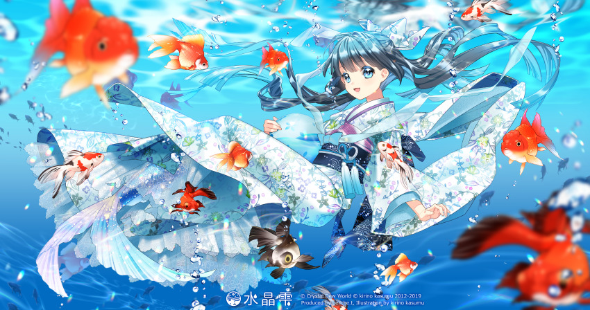 1girl absurdres artist_name black_hair blue_eyes blue_ribbon blurry bow character_name commentary dated depth_of_field english_commentary fish floating_hair floral_print frilled_kimono frills goldfish hair_ornament hair_ribbon highres huge_filesize japanese_clothes kimono kirino_kasumu long_hair long_sleeves looking_at_viewer mermaid monster_girl obi open_mouth original ponytail ribbon sash solo suishou_shizuku underwater watermark white_kimono white_ribbon wide_sleeves