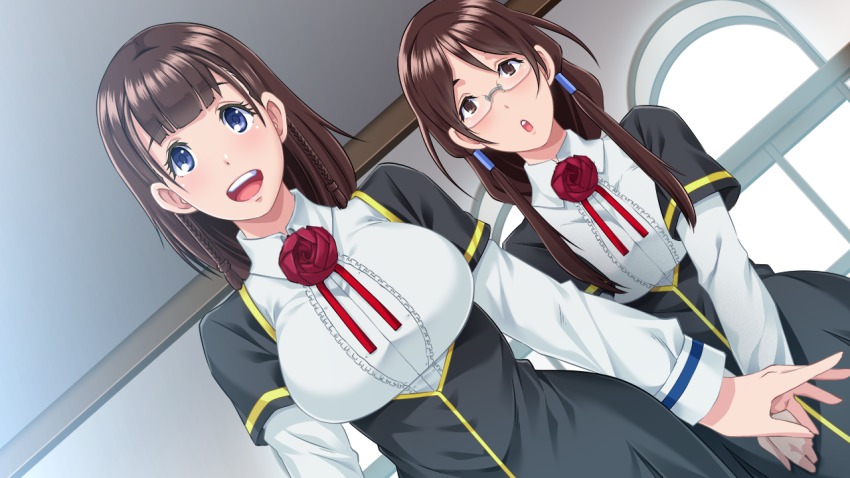 2girls :o blue_eyes braid breasts brown_eyes brown_hair butcha-u dutch_angle eyebrows game_cg glasses hands_together ijuuin_maya indoors large_breasts long_hair long_sleeves looking_at_viewer meikoku_gakuen_jutai_hen:_onegaishimasu......_sensei_no_seieki_de,_watashi-tachi_wo_tasukete_hoshiin_desu! multiple_girls open_mouth parted_lips school_uniform semi-rimless_eyewear short_hair standing tadokoro_aoi twin_braids