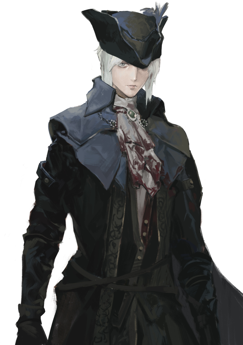 1girl absurdres ascot black_gloves black_hat black_jacket blood blood_on_clothes bloodborne brooch closed_mouth gloves grey_eyes hat hat_feather highres jacket jewelry lady_maria_of_the_astral_clocktower lips long_sleeves looking_at_viewer one_eye_covered rocher-hd simple_background solo white_ascot white_background white_hair