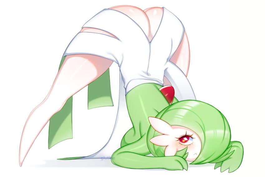 1girl absurdres arched_back artist_name ass bob_cut breast_press breasts colored_skin creatures_(company) dress galutine game_freak gardevoir gen_3_pokemon green_hair green_skin hair_over_one_eye hands_on_ground highres jack-o&#039;_challenge meme multicolored_skin nintendo pink_eyes pokemon pokemon_(creature) simple_background spread_legs top-down_bottom-up two-tone_skin white_background white_dress white_skin wide_spread_legs