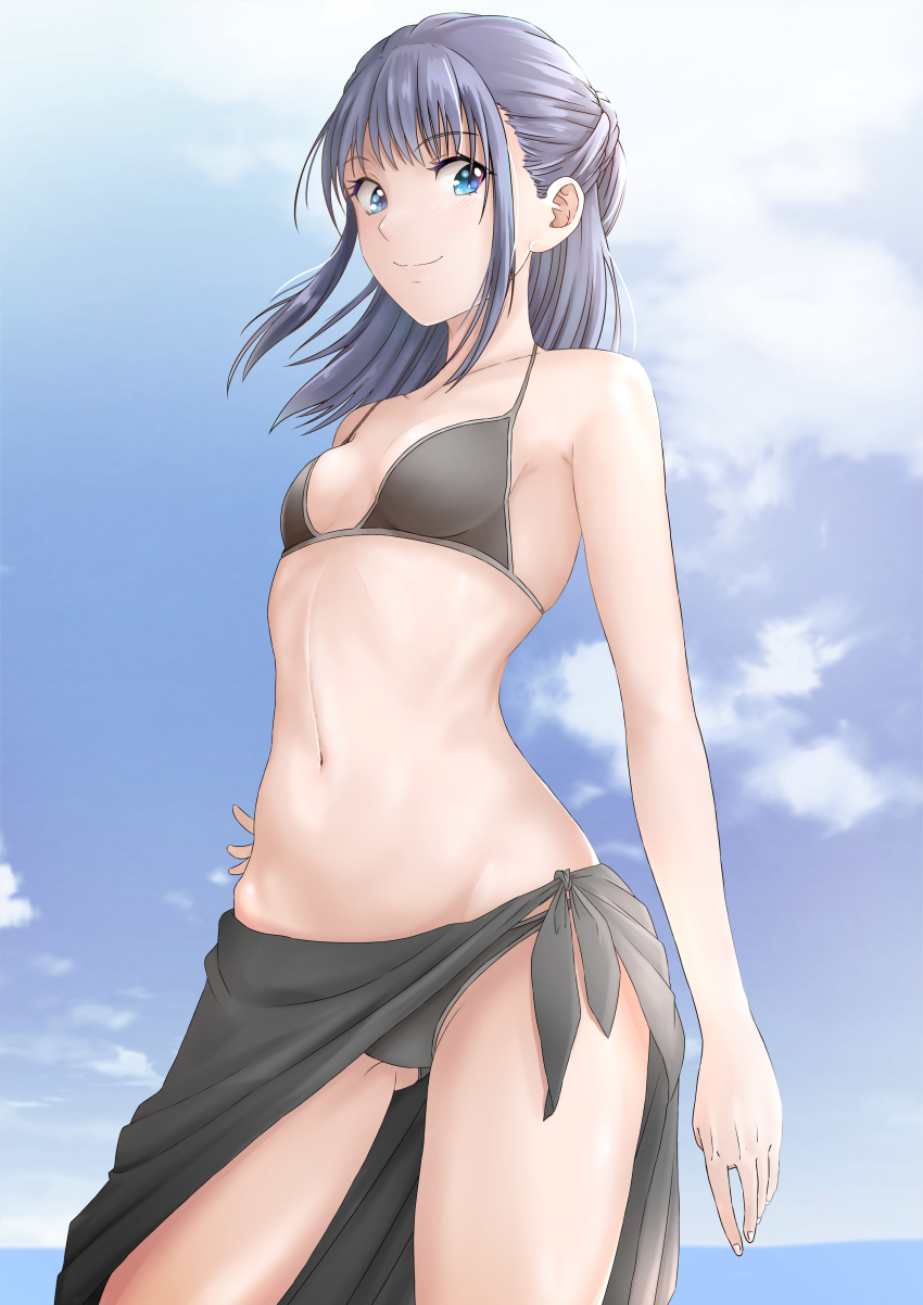 1girl absurdres bikini black_bikini blue_eyes cloud cloudy_sky cowboy_shot floating_hair from_below hakuino_hakase half_updo hand_on_own_hip highres light_smile looking_at_viewer medium_hair navel original purple_hair sarong sidelocks sky swimsuit water