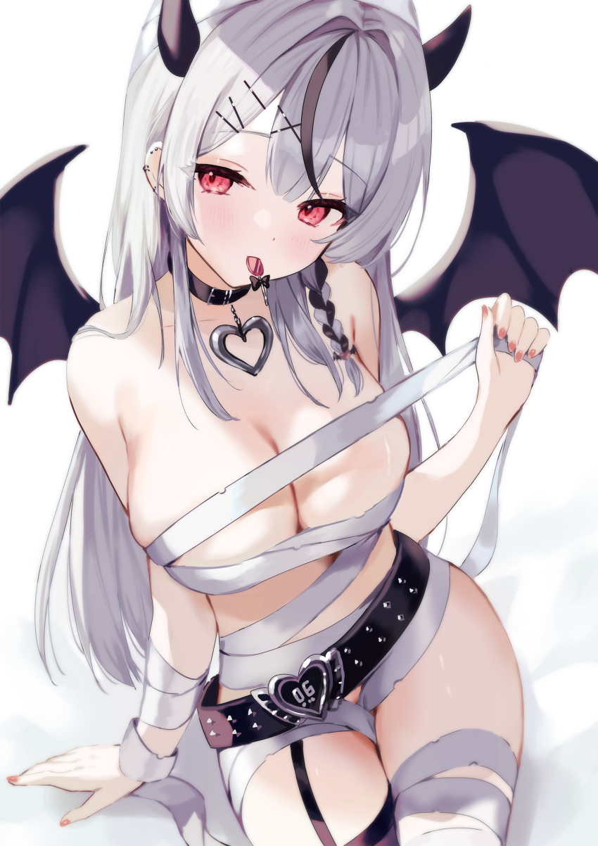 1girl absurdres bandages belt black_belt black_hair braid breasts demon_horns demon_wings ear_piercing grey_hair hair_ornament hairpin heart_belt hell_fuuna highres hololive horns large_breasts long_hair looking_at_viewer multicolored_hair piercing red_eyes sakamata_chloe single_braid streaked_hair tongue tongue_out virtual_youtuber wings x_hair_ornament